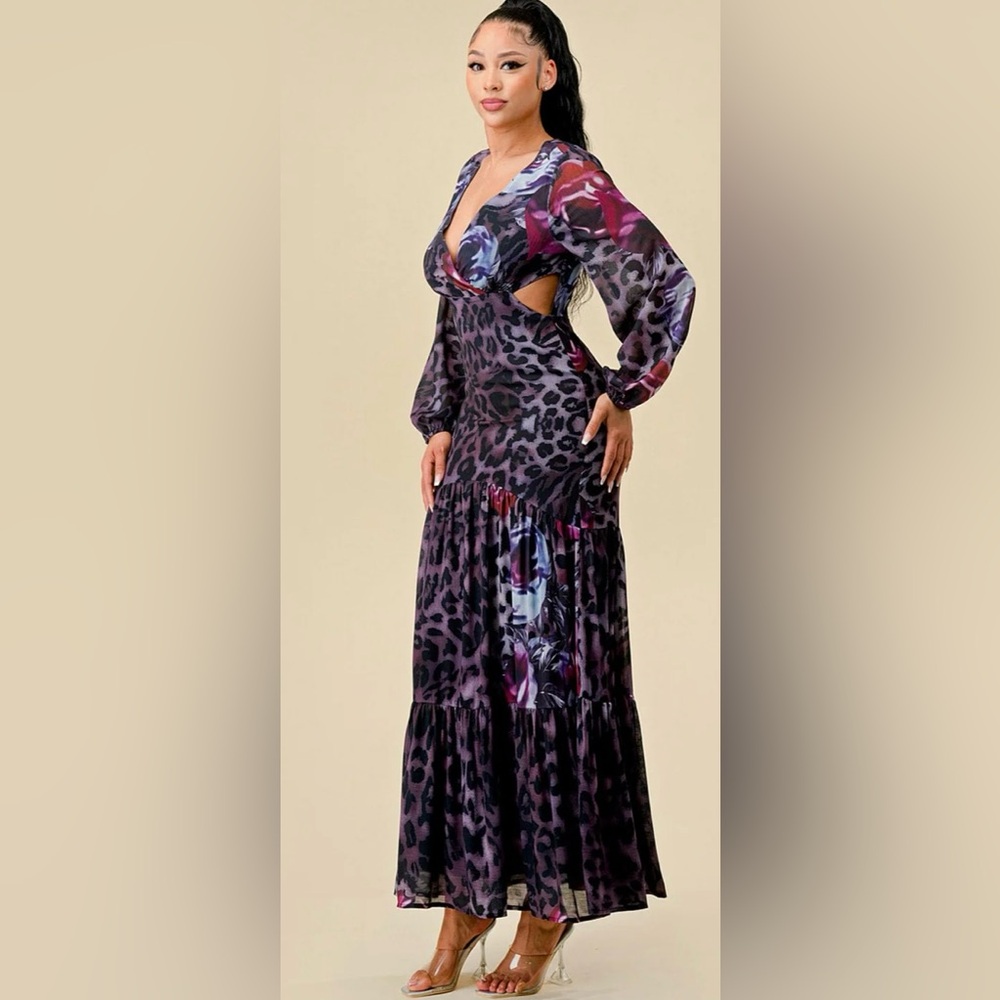 Floral Animal Print Long Sleeve V Neck Cut Out Maxi Dress - Picture 4 of 16